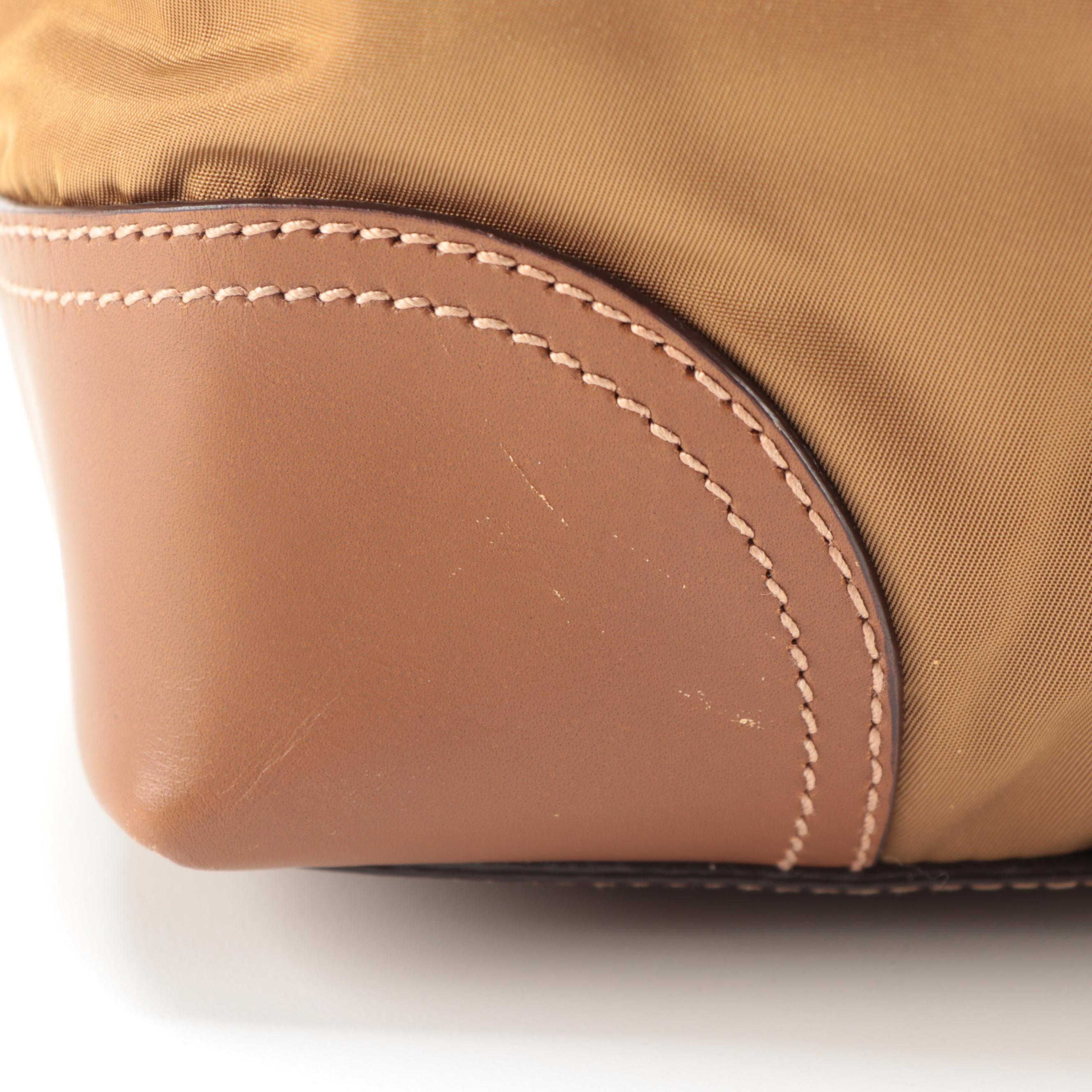 Prada Buckle Tote in Dark Gold Tessuto Nylon and Tan Leather