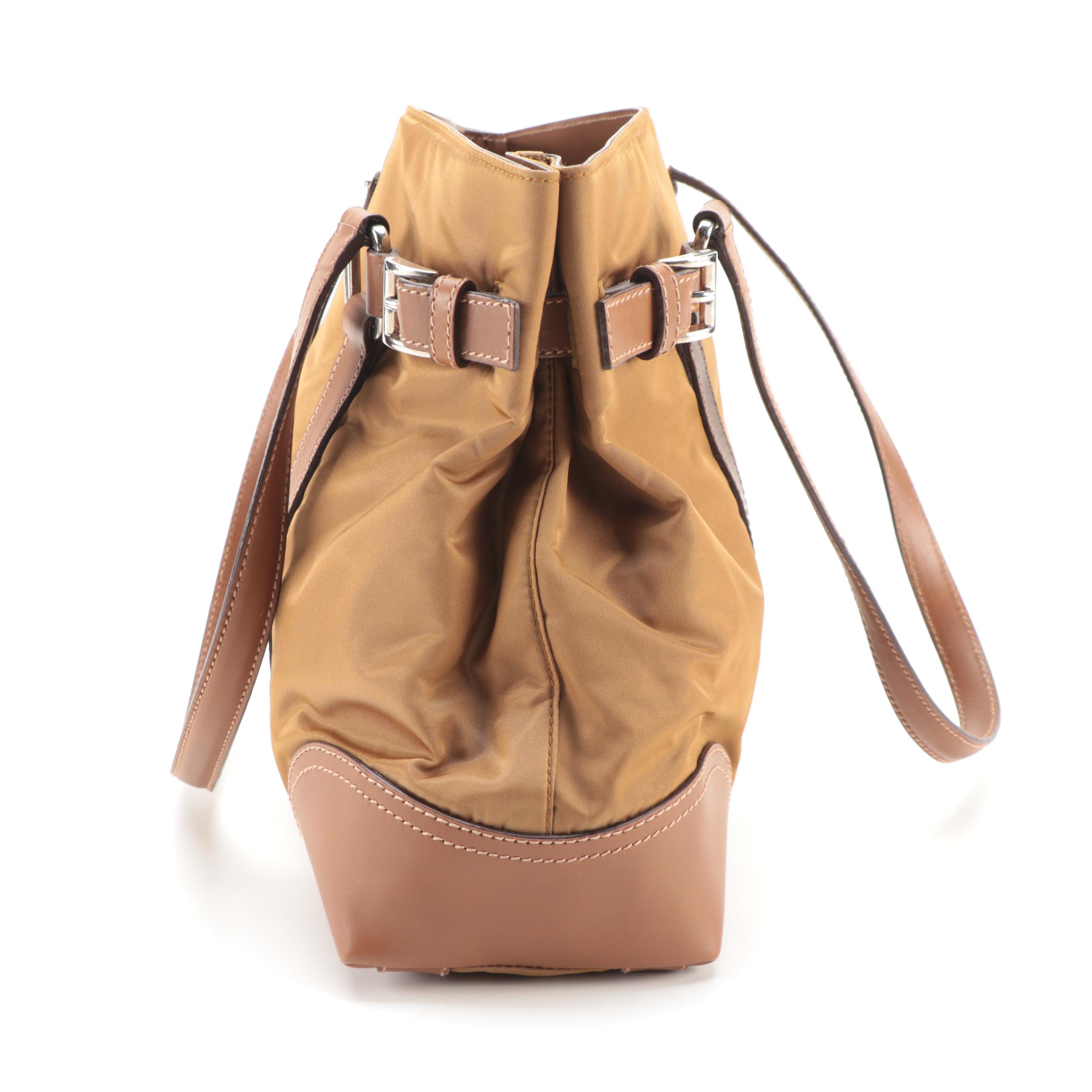 Prada Buckle Tote in Dark Gold Tessuto Nylon and Tan Leather