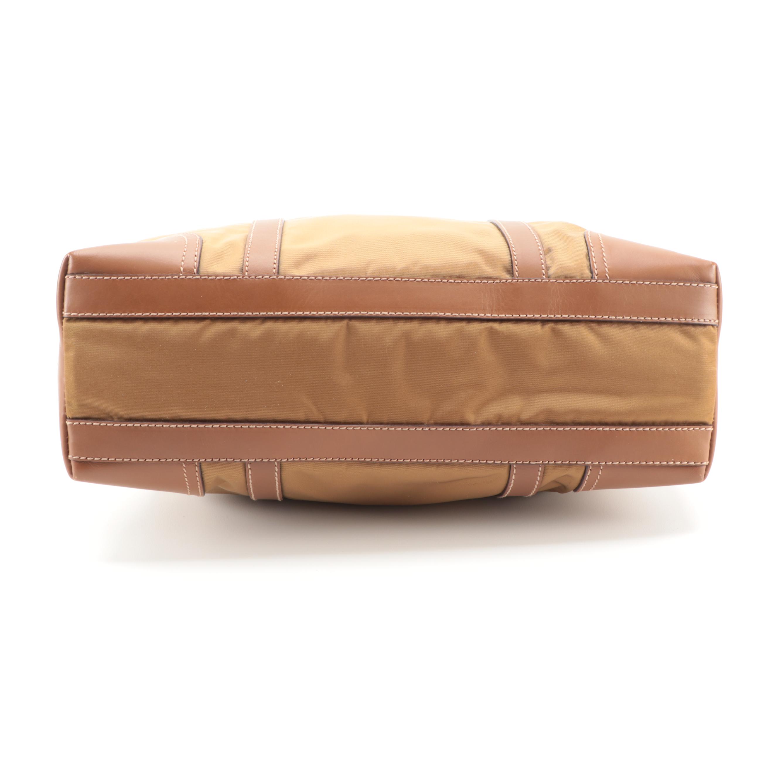 Prada Buckle Tote in Dark Gold Tessuto Nylon and Tan Leather