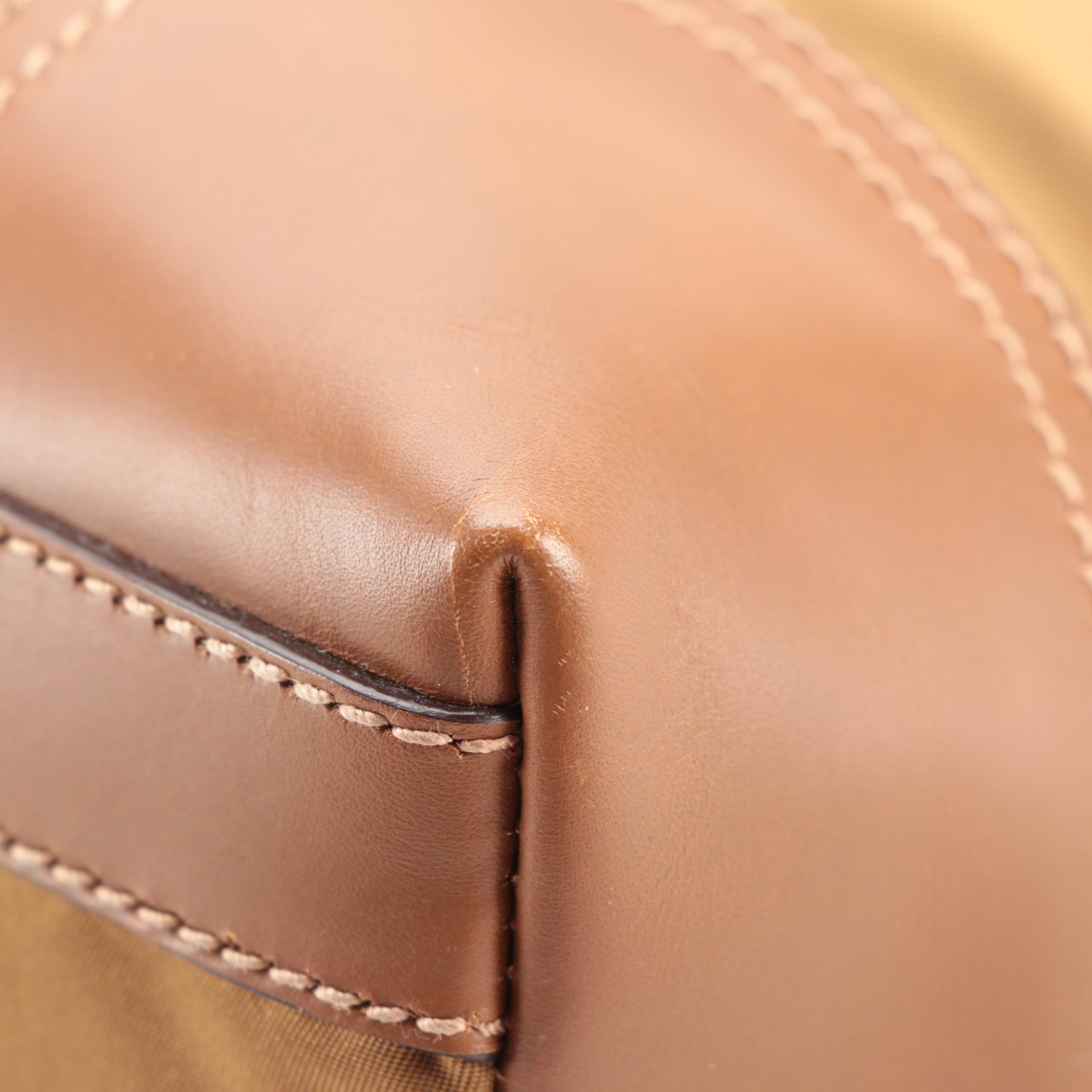 Prada Buckle Tote in Dark Gold Tessuto Nylon and Tan Leather