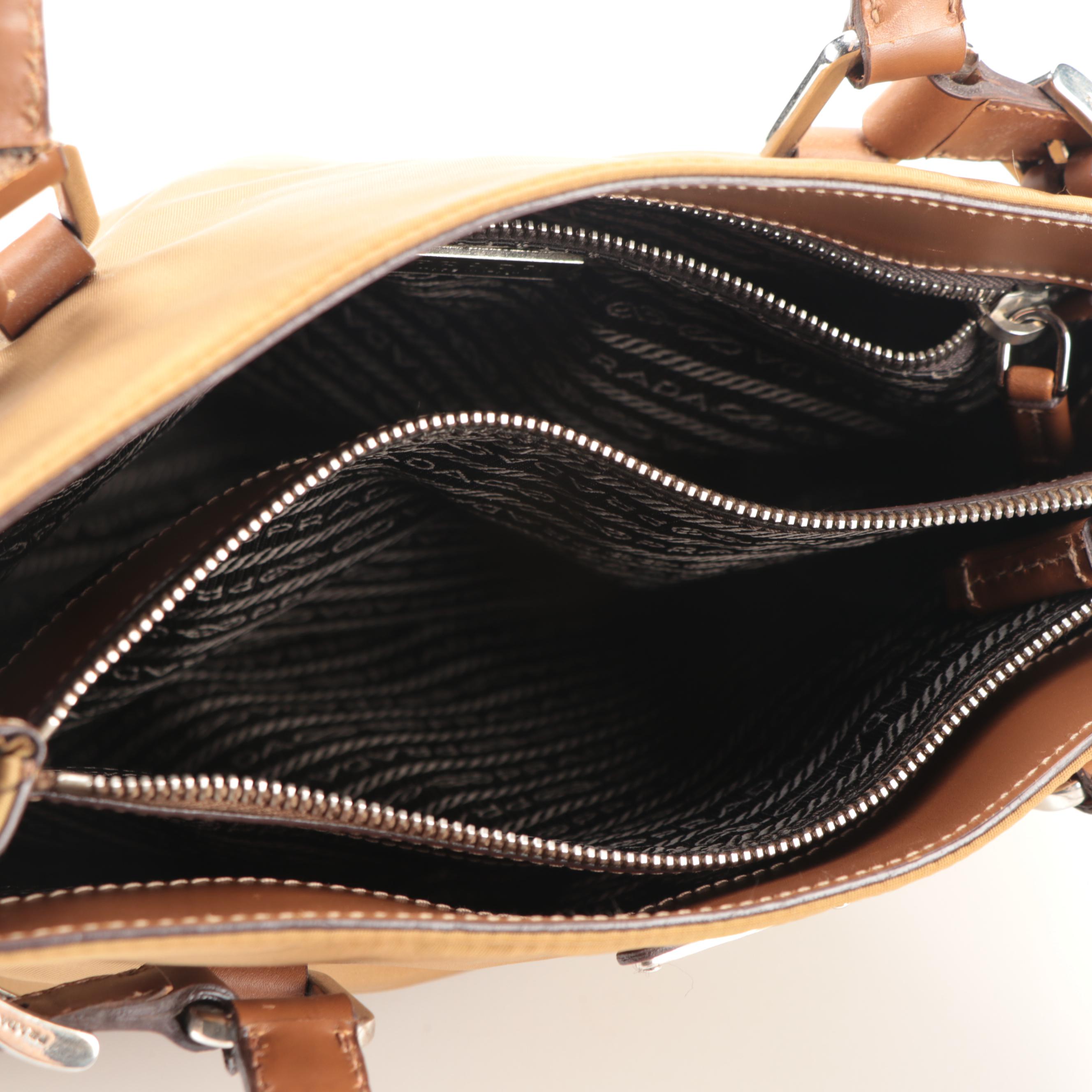 Prada Buckle Tote in Dark Gold Tessuto Nylon and Tan Leather