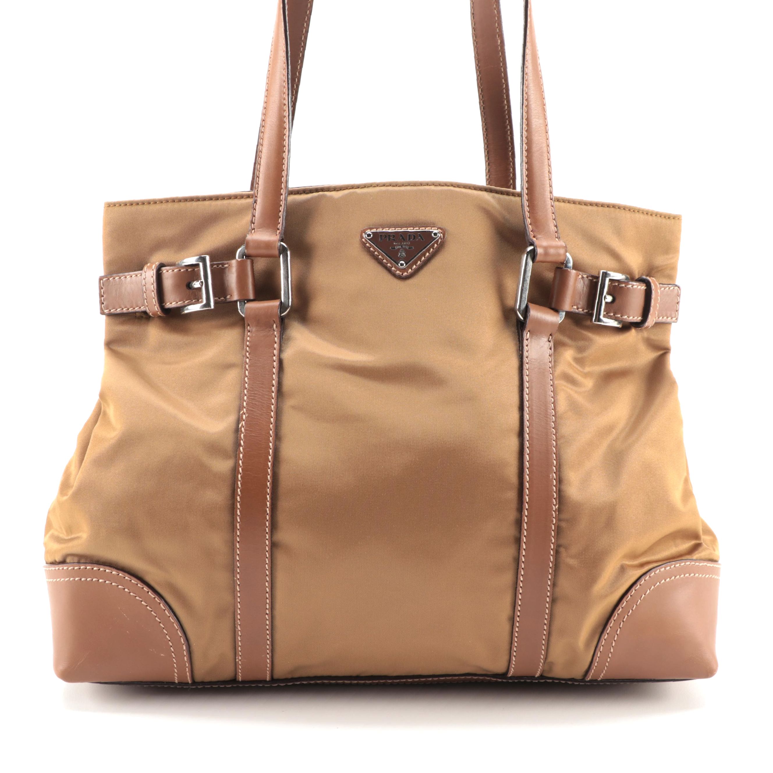 Prada Buckle Tote in Dark Gold Tessuto Nylon and Tan Leather