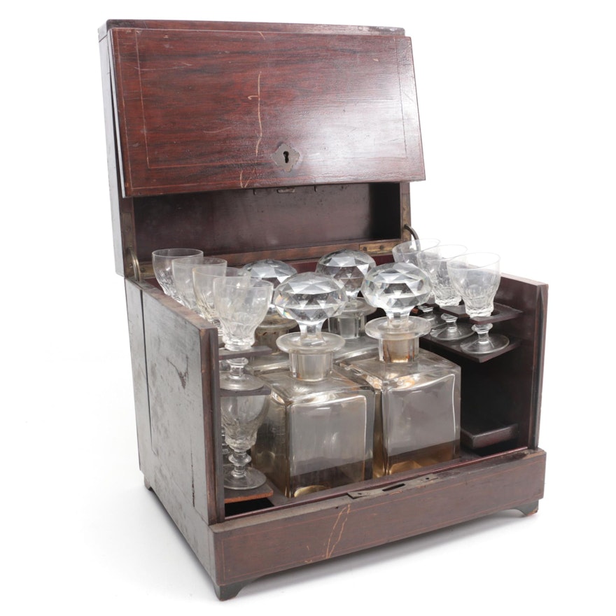 Oak Tantalus with Theresienthal Cordial Glasses and Glass Decanters