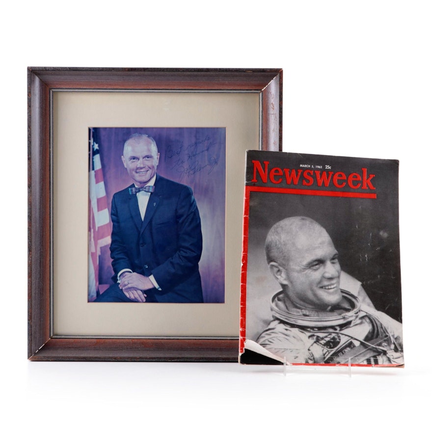 1962 Newsweek Magazine and Framed Autographed Picture Featuring John Glenn