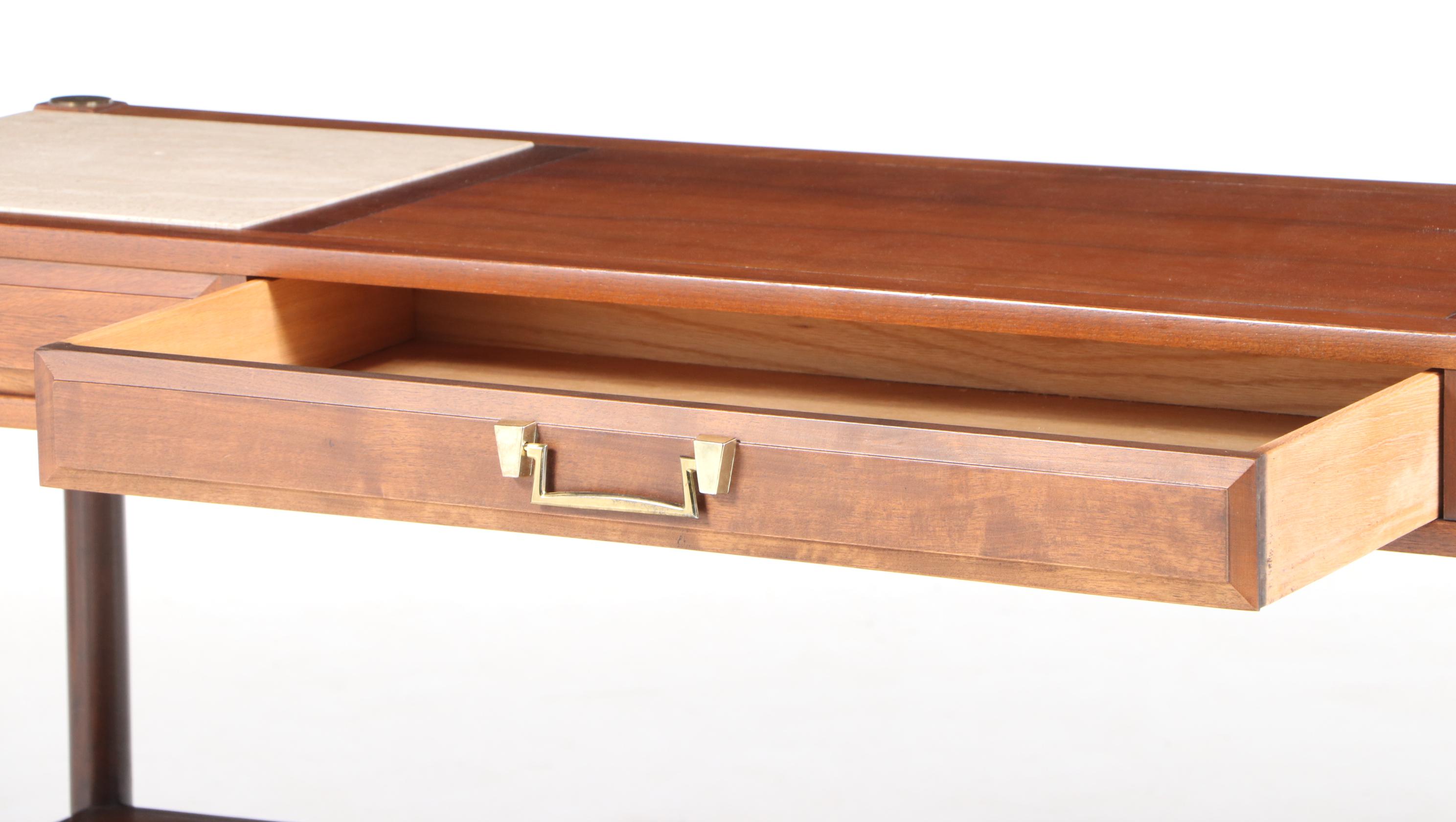 Mid Century Modern Walnut and Travertine Two-Tier Console Table