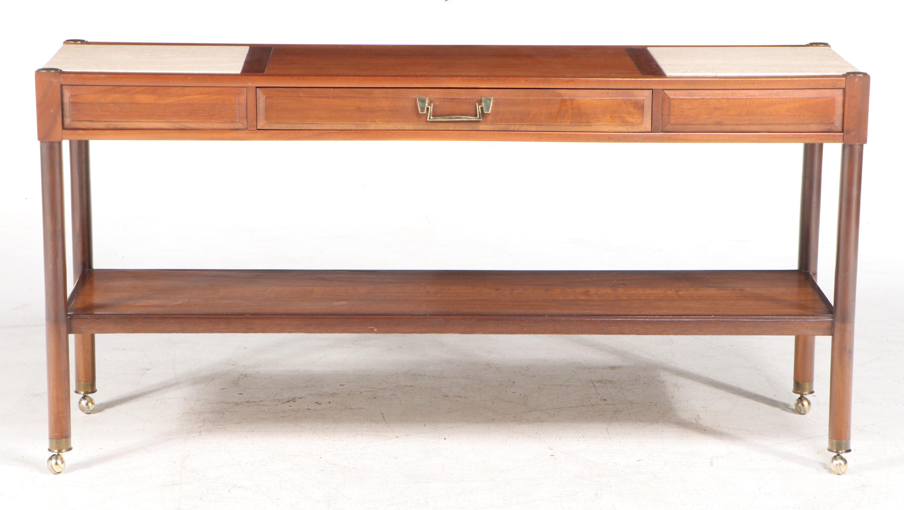 Mid Century Modern Walnut and Travertine Two-Tier Console Table