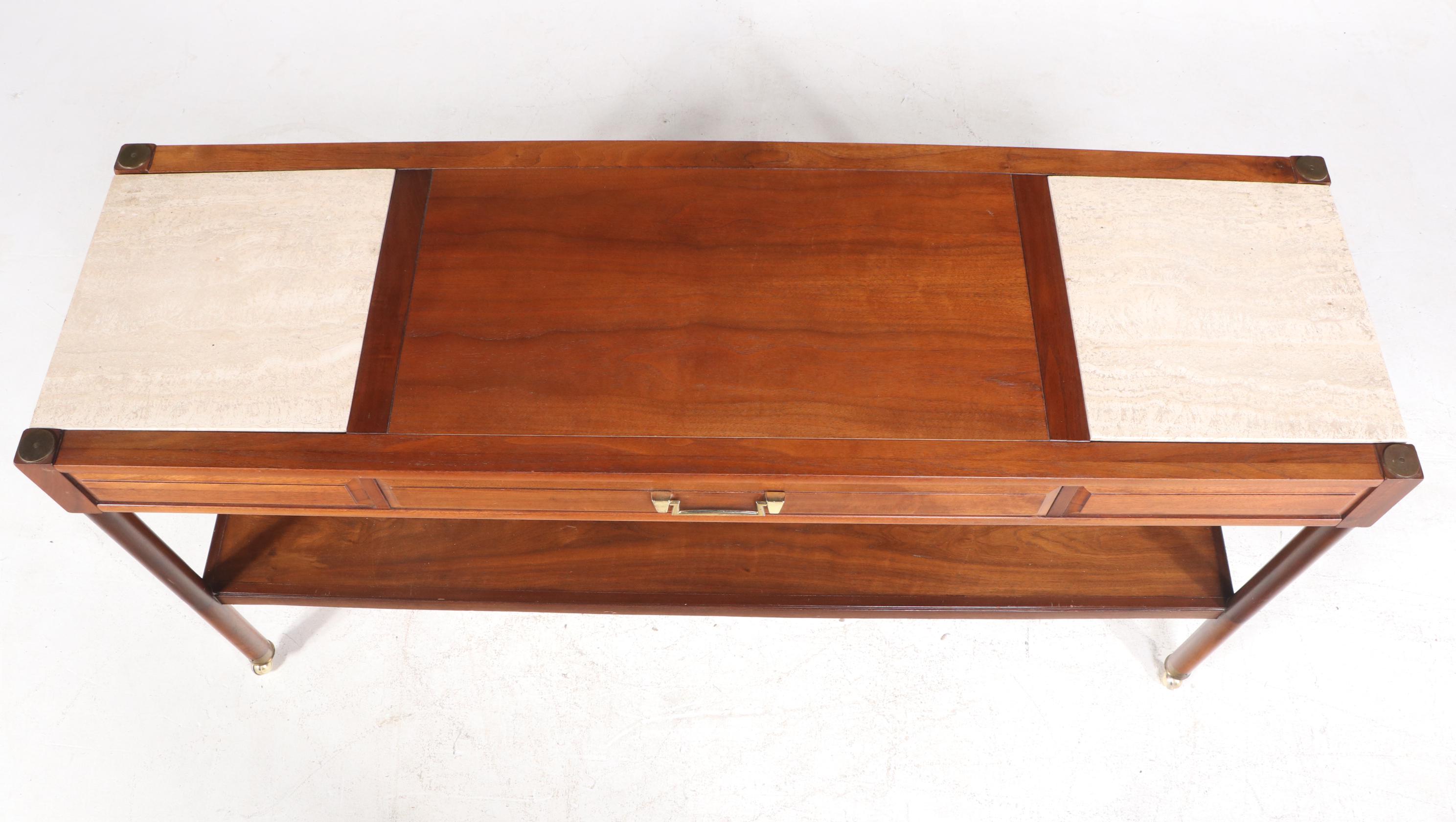Mid Century Modern Walnut and Travertine Two-Tier Console Table