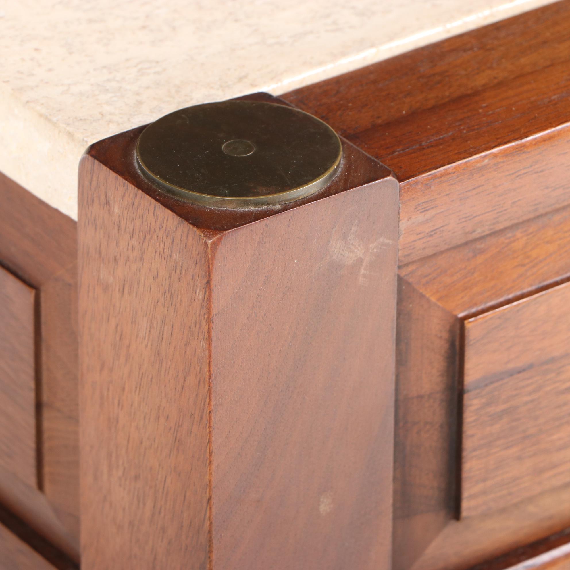 Mid Century Modern Walnut and Travertine Two-Tier Console Table