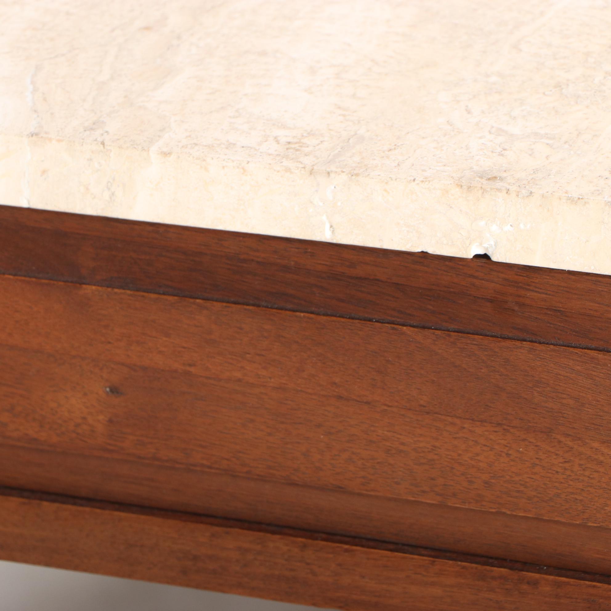 Mid Century Modern Walnut and Travertine Two-Tier Console Table