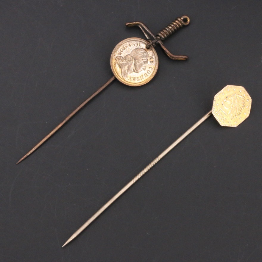 Vintage "Lord's Prayer" Token and 10K 1858 Indian Head Coin Stick Pins