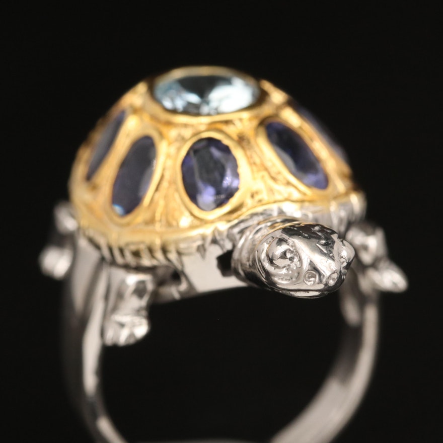 Sterling Aquamarine and Iolite Articulated Turtle Ring
