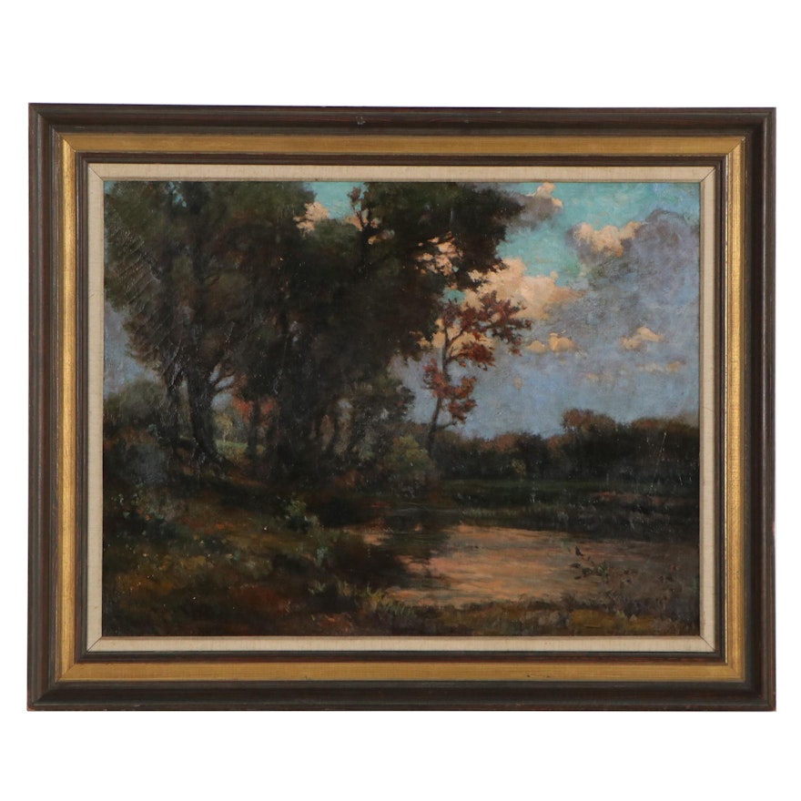 Tonalist Landscape Oil Painting of Forest Lake, Circa 1900