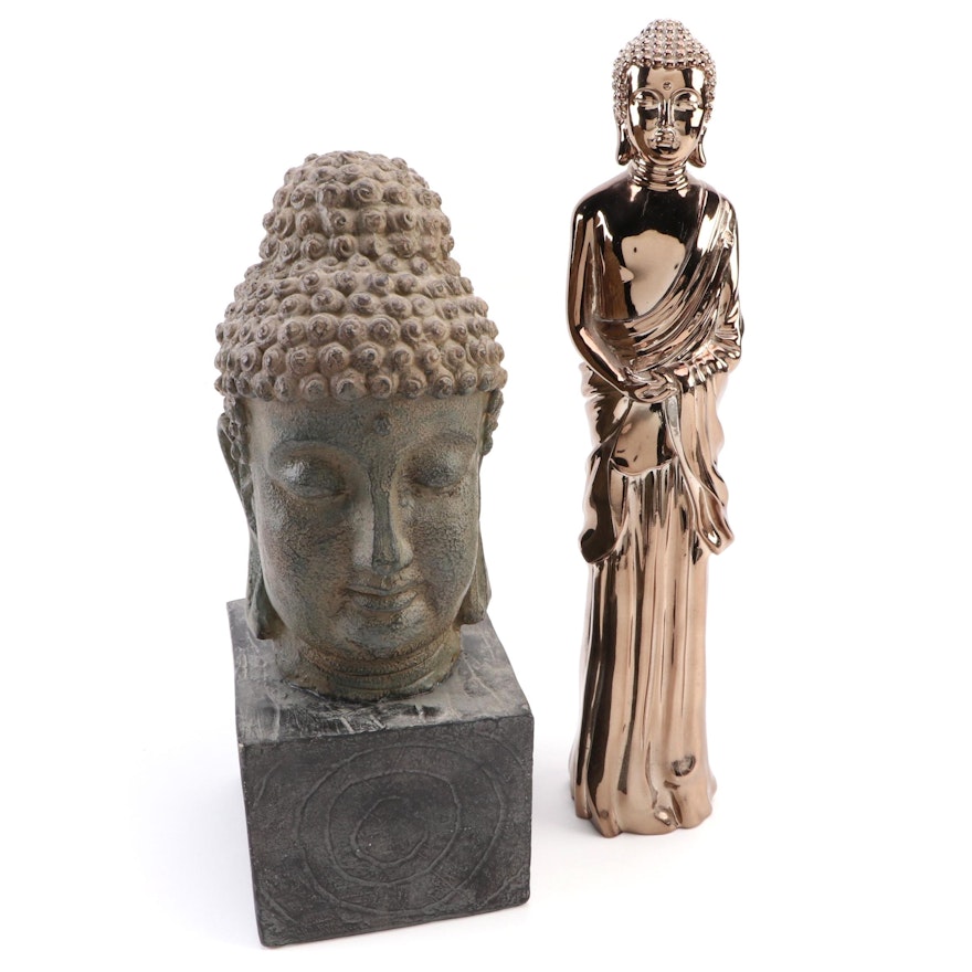 Gold Luster Composite Standing Buddha with Cast Plaster Buddha Head