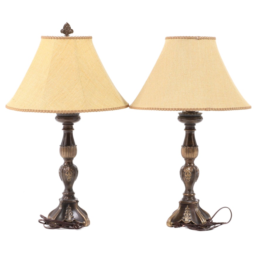 Pair of Neoclassical Style Cast and Patinated Metal Table Lamps