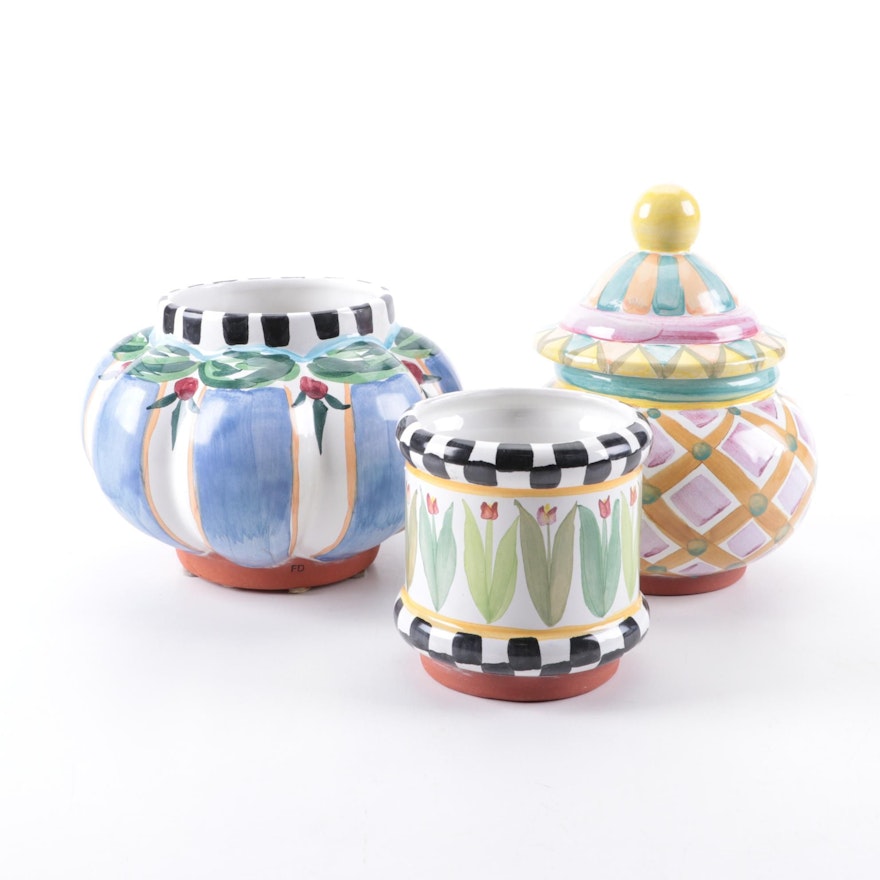 MacKenzie-Childs Pastel and Floral Motif Ceramic Jars, Late 20th Century