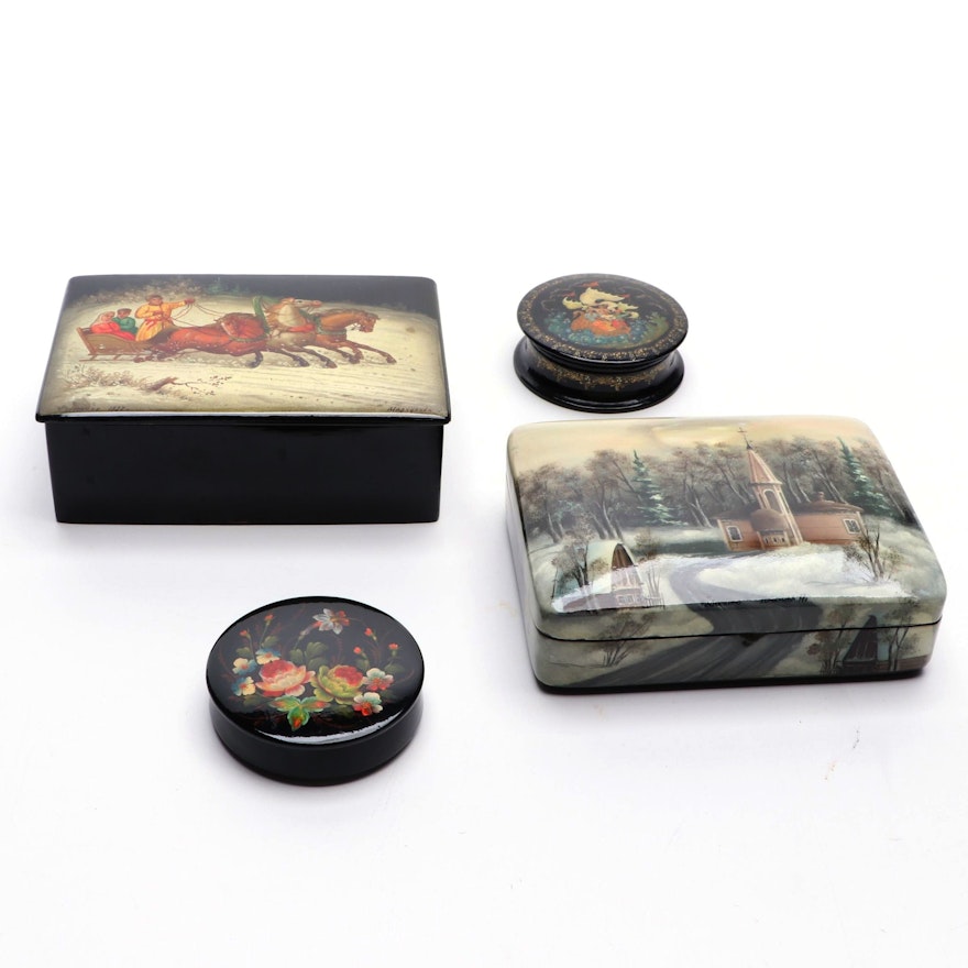 Russian Hand-Painted Lacquerware Boxes, Mid to Late 20th Century