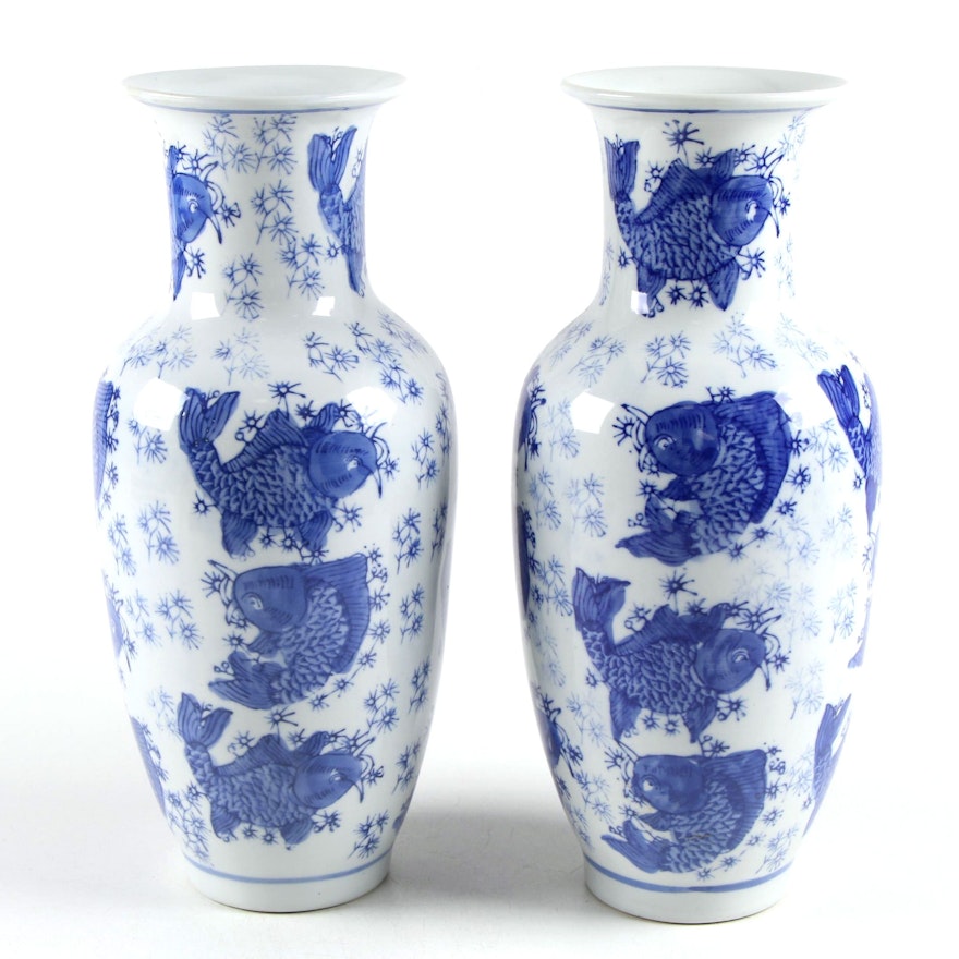 Chinese Porcelain Koy Fish Blue on White Vases