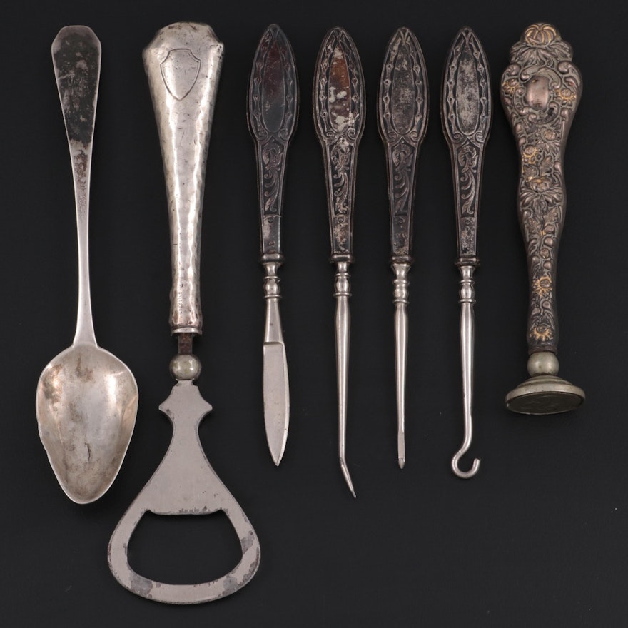 Nicholas Geffory Rhode Island Coin Silver Spoon and Other Sterling Handled Items