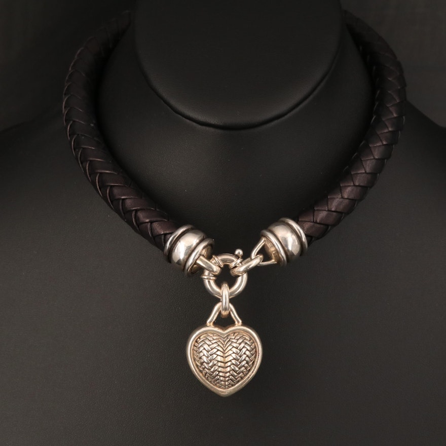 1996 Barry Kieselstein-Cord Sterling Basket Weave Puff Heart Charm Necklace