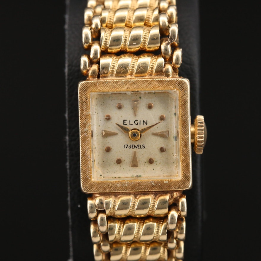Vintage Elgin 14K Yellow Gold Fancy Link Bracelet Wristwatch
