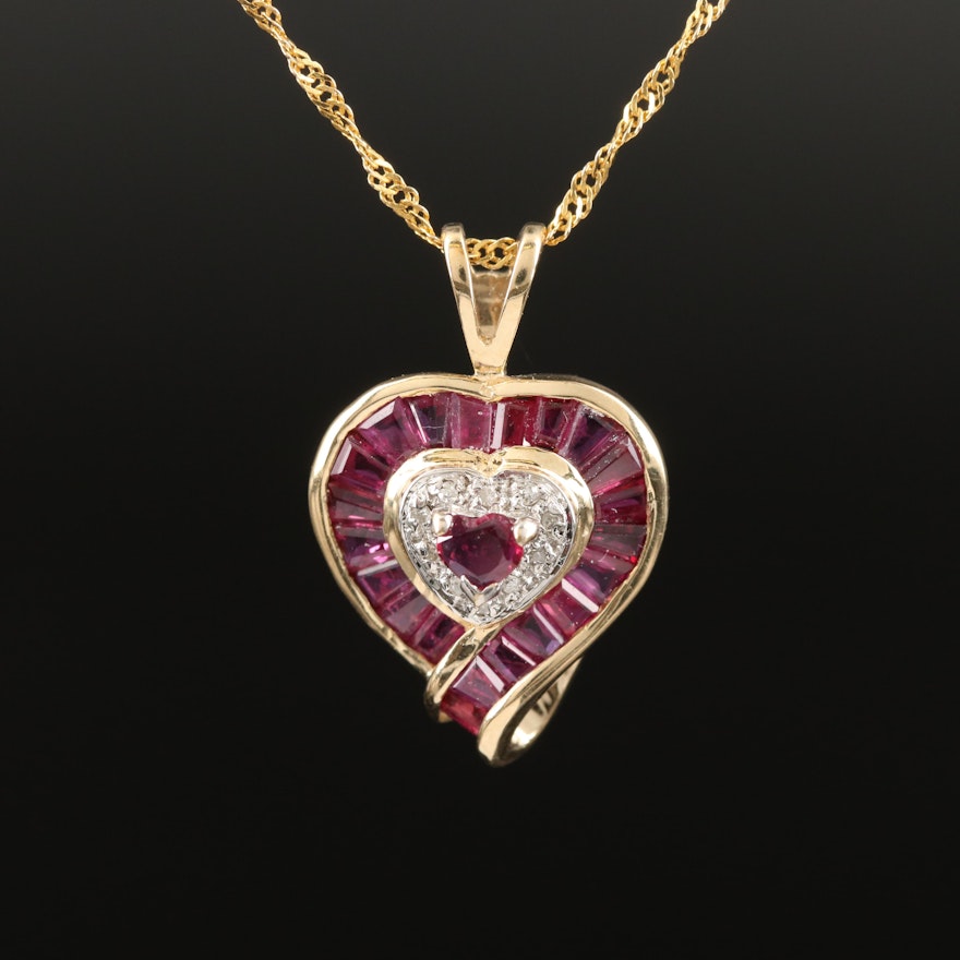 10K Ruby and Diamond Heart Pendant on 14K Chain