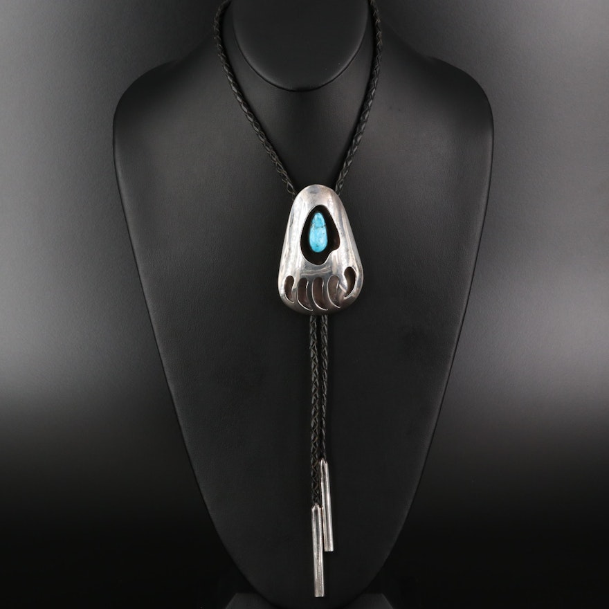 Southwestern Style Sterling Turquoise Bear Claw Shadow Box Bolo Tie