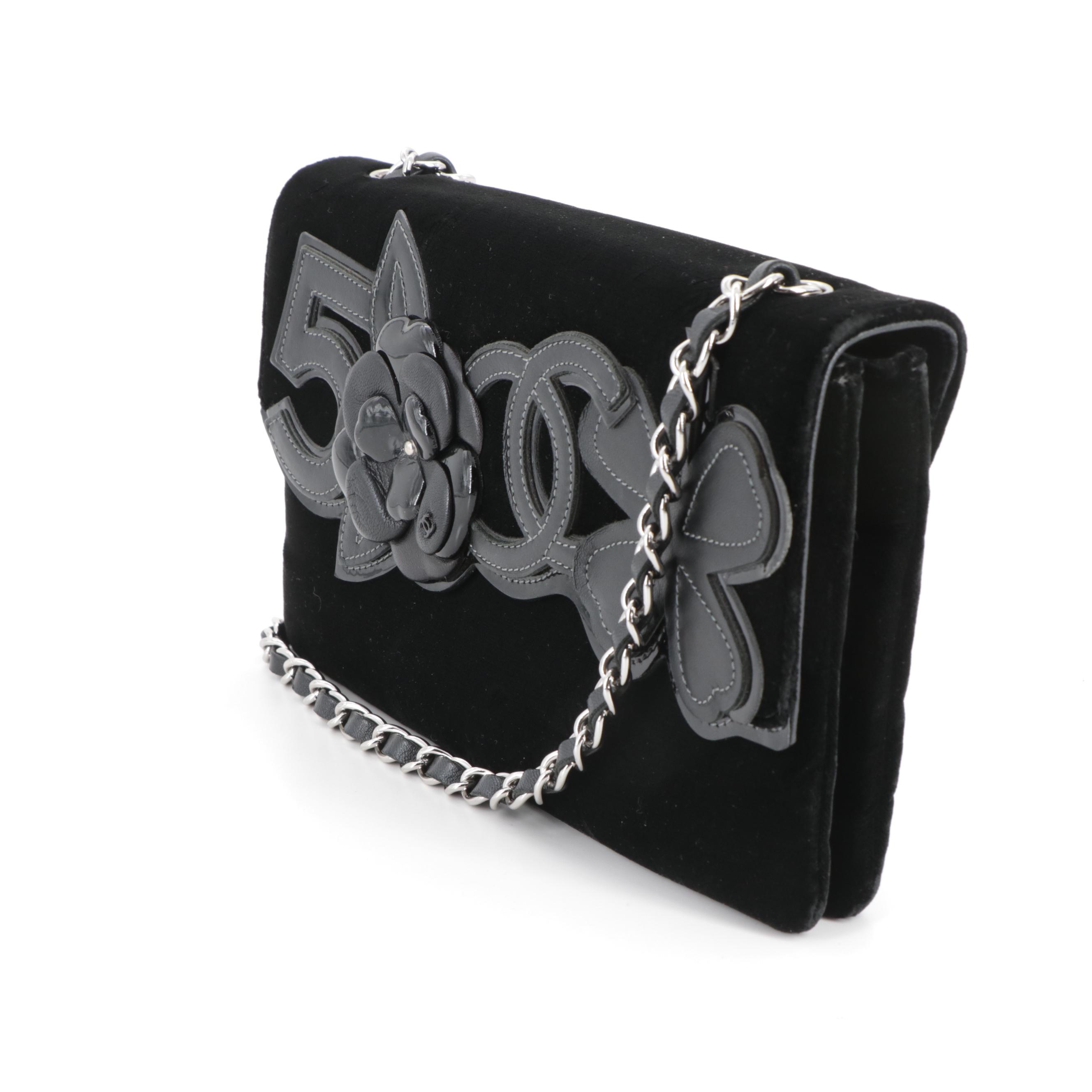 Chanel Camellia No. 5 Flap Bag in Black Velvet and Leather