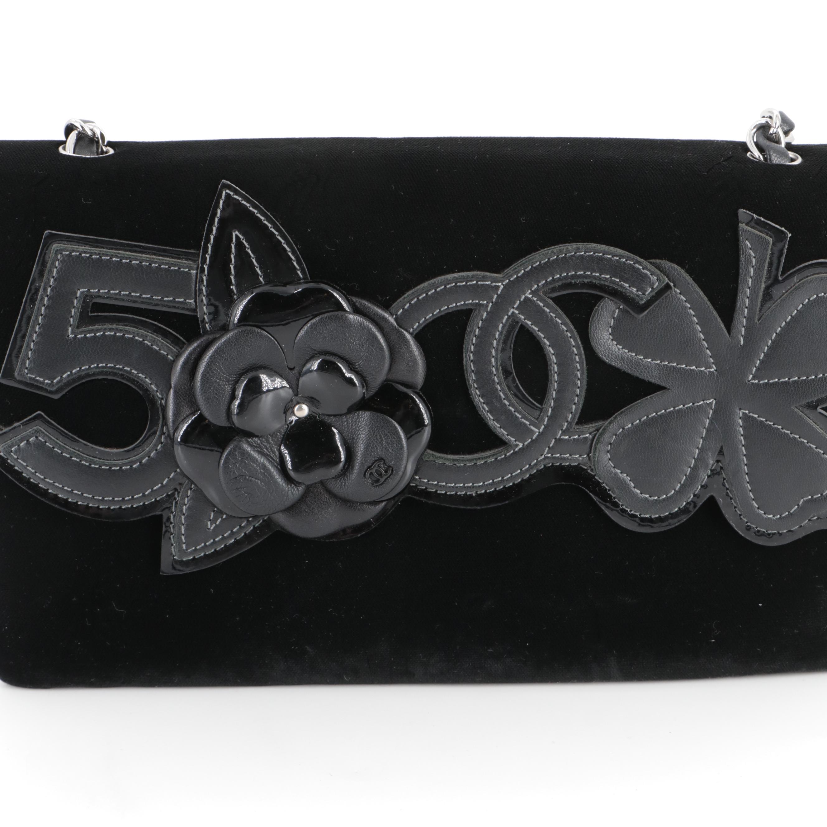 Chanel Camellia No. 5 Flap Bag in Black Velvet and Leather