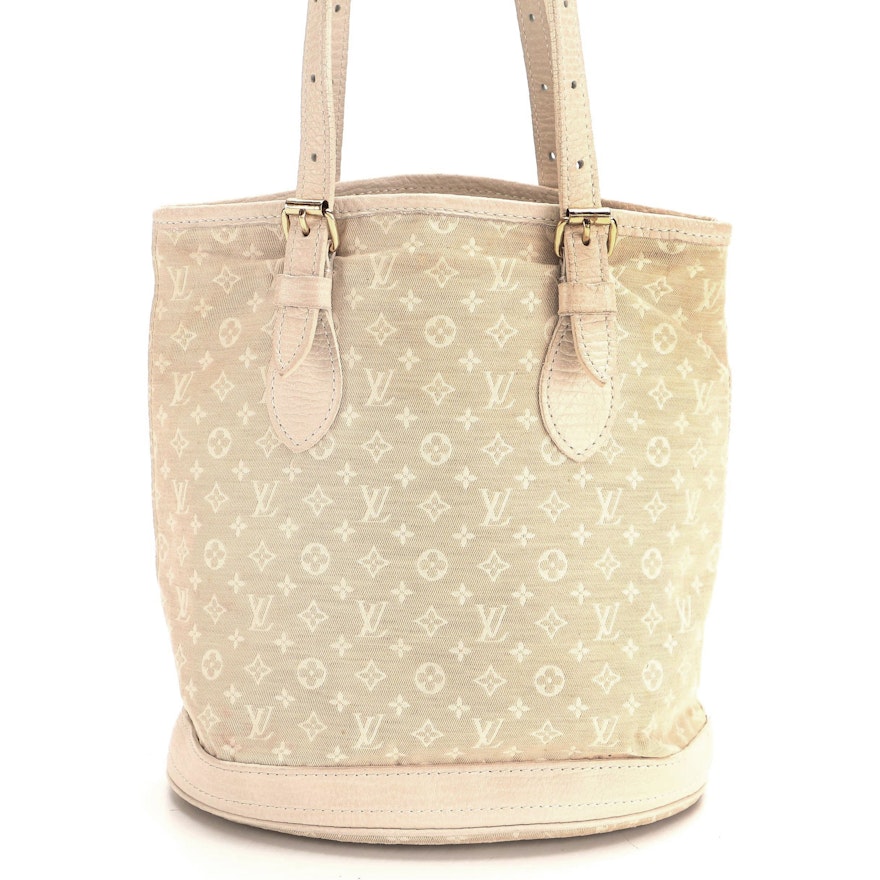 Louis Vuitton Bucket Bag in Beige Mini Lin and Leather Trim