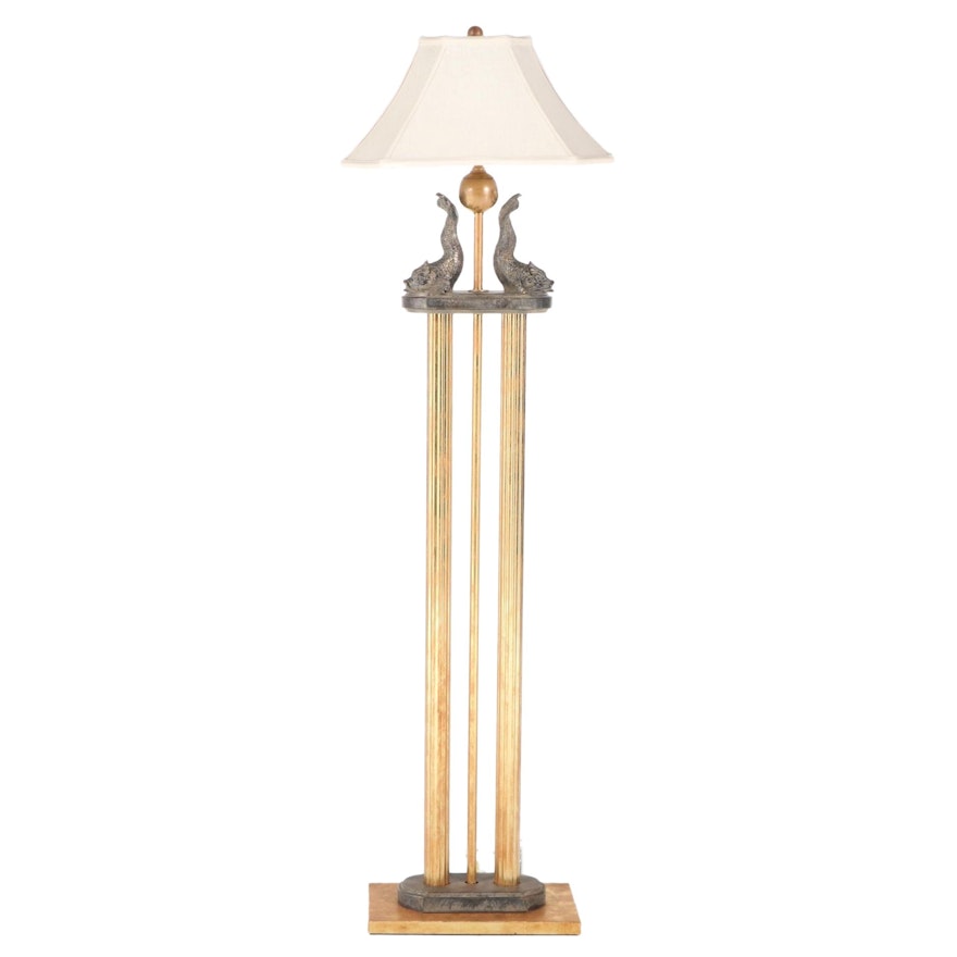 Gilt Metal & Bronze-Patinated Composite "Dolphin" Floor Lamp, Late 20th Century