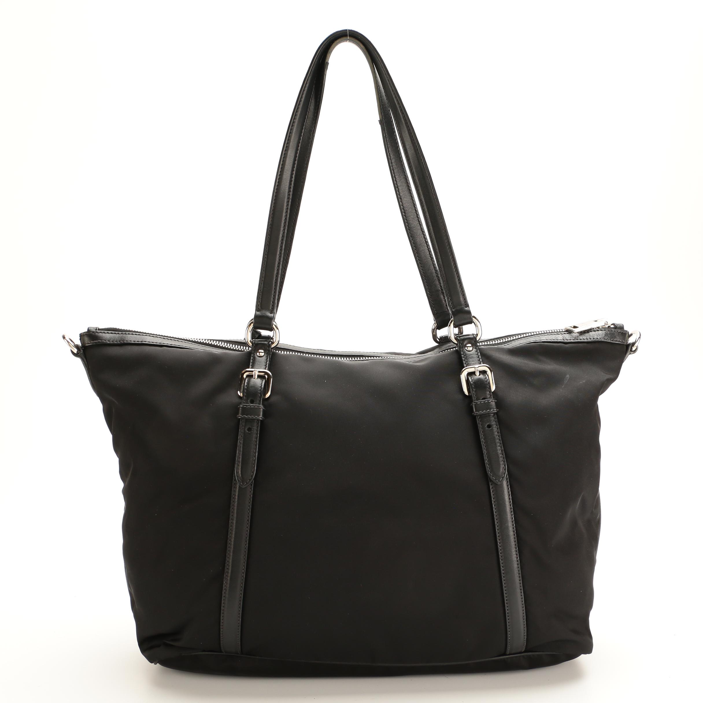 Prada Black Tessuto Nylon Tote Bag with Leather Trim