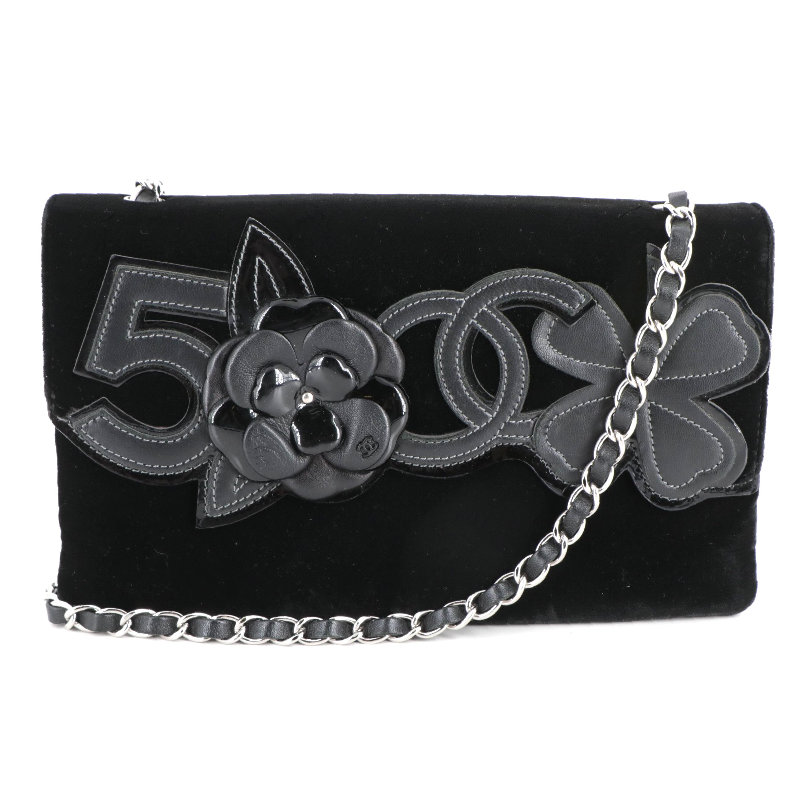 Chanel Camellia No. 5 Flap Bag in Black Velvet and Leather