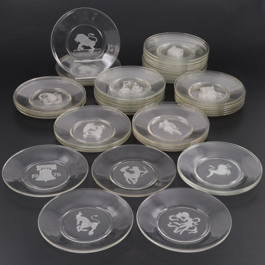 Zodiac and Other Frosted Etched Glass Salad Plates, Mid-20th Century