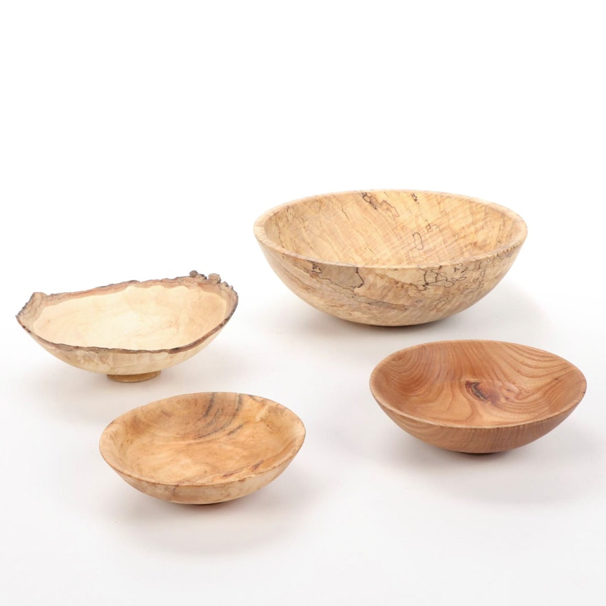 Jim Eliopulos Turned Live Edge Maple Bowl With Maple, Willow and Red Elm Bowls