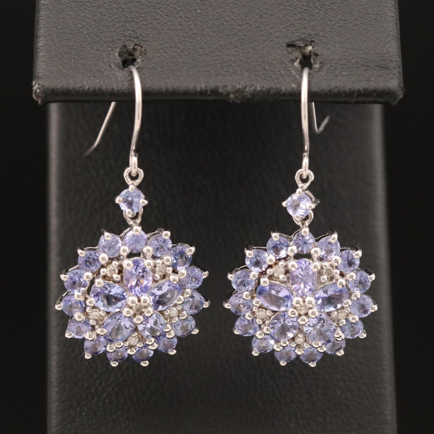 Sterling Tanzanite and Diamond Cluster Earrings