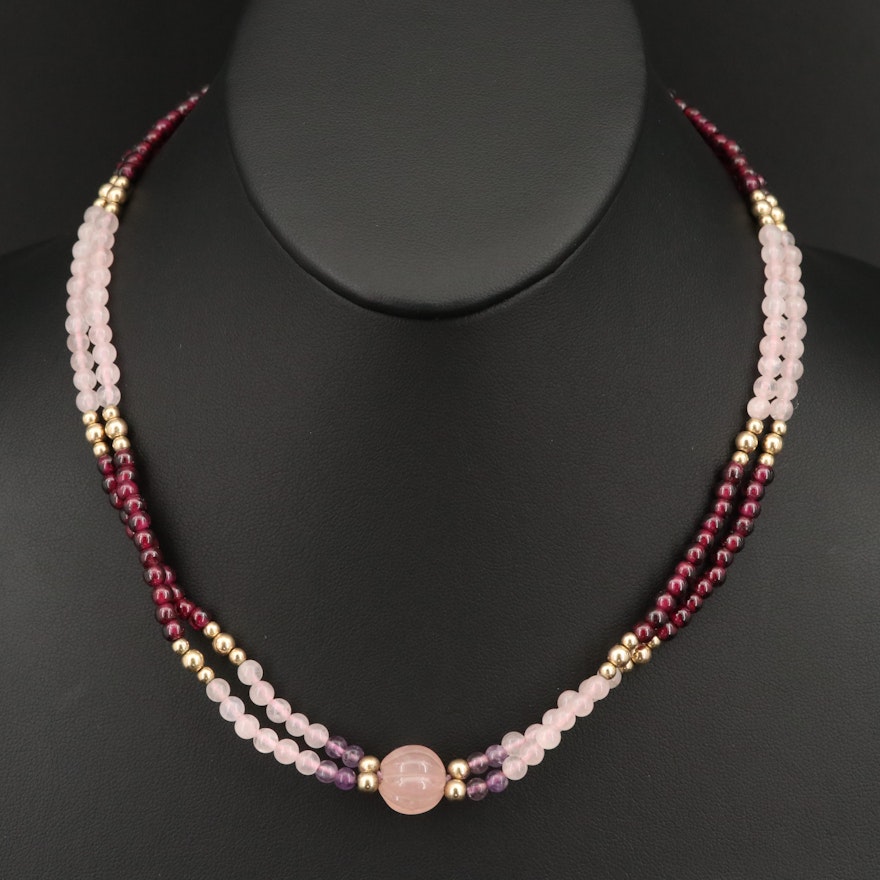 Sterling Silver Rose Quartz, Garnet and Amethyst Double Strand Necklace