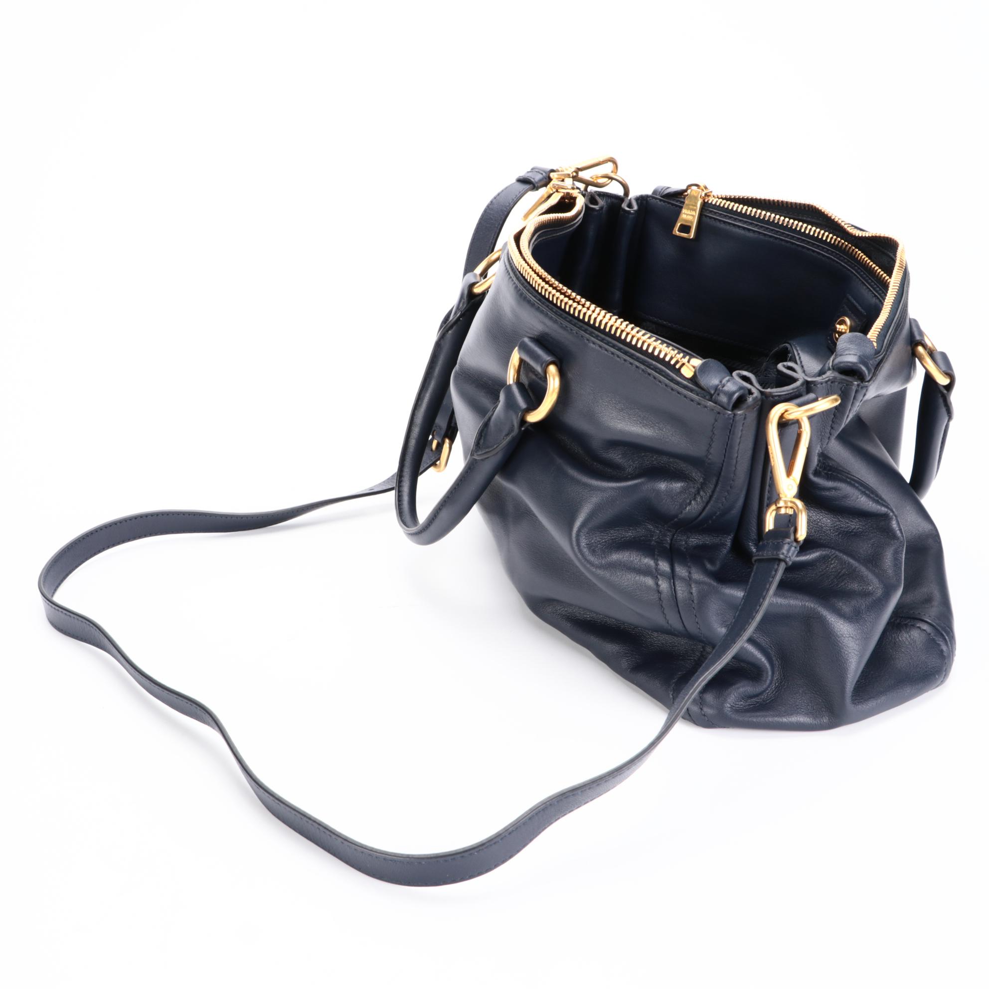 Prada Navy Leather Two-Way Handbag