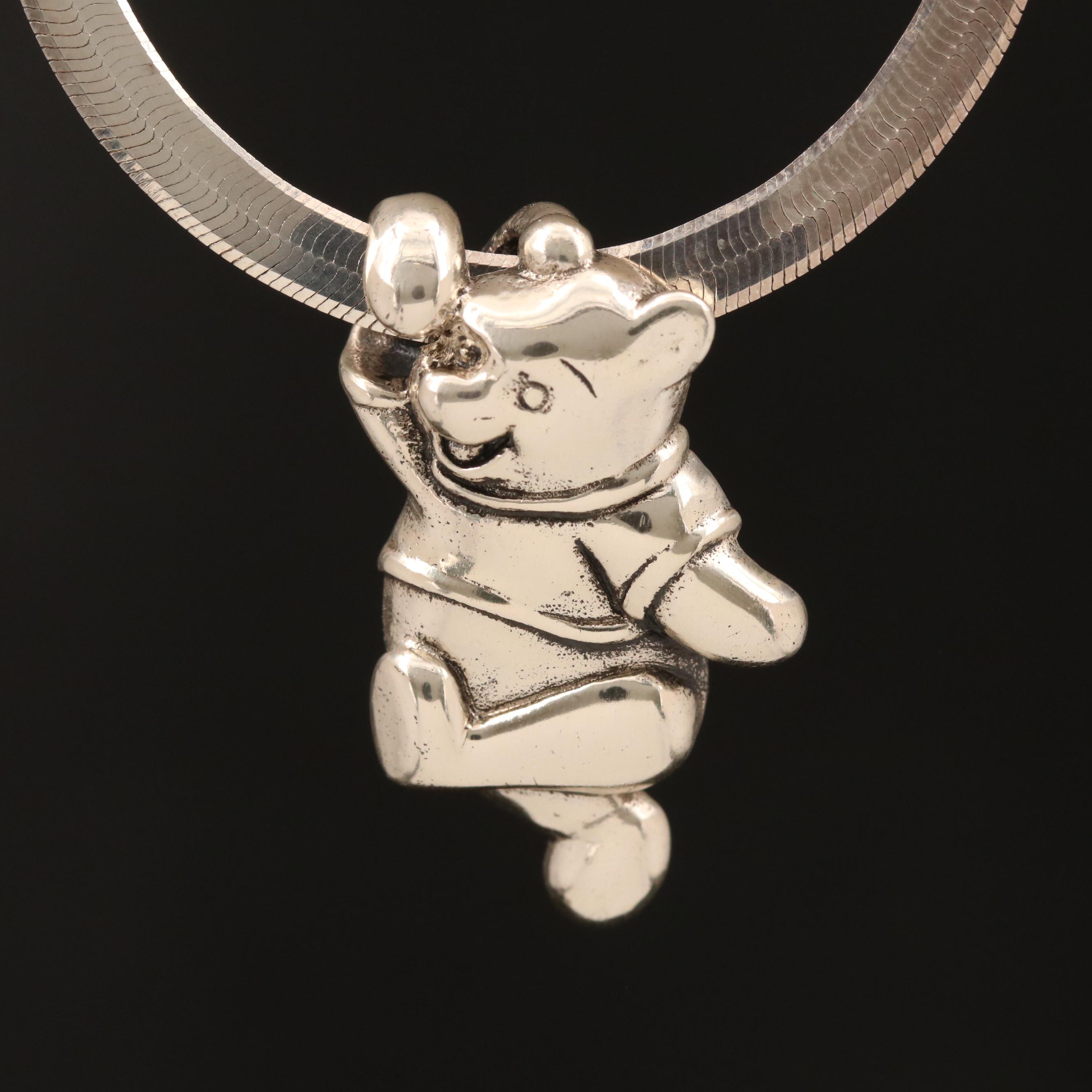 Disney Sterling Winnie the Pooh Slide Pendant on Herringbone Chain