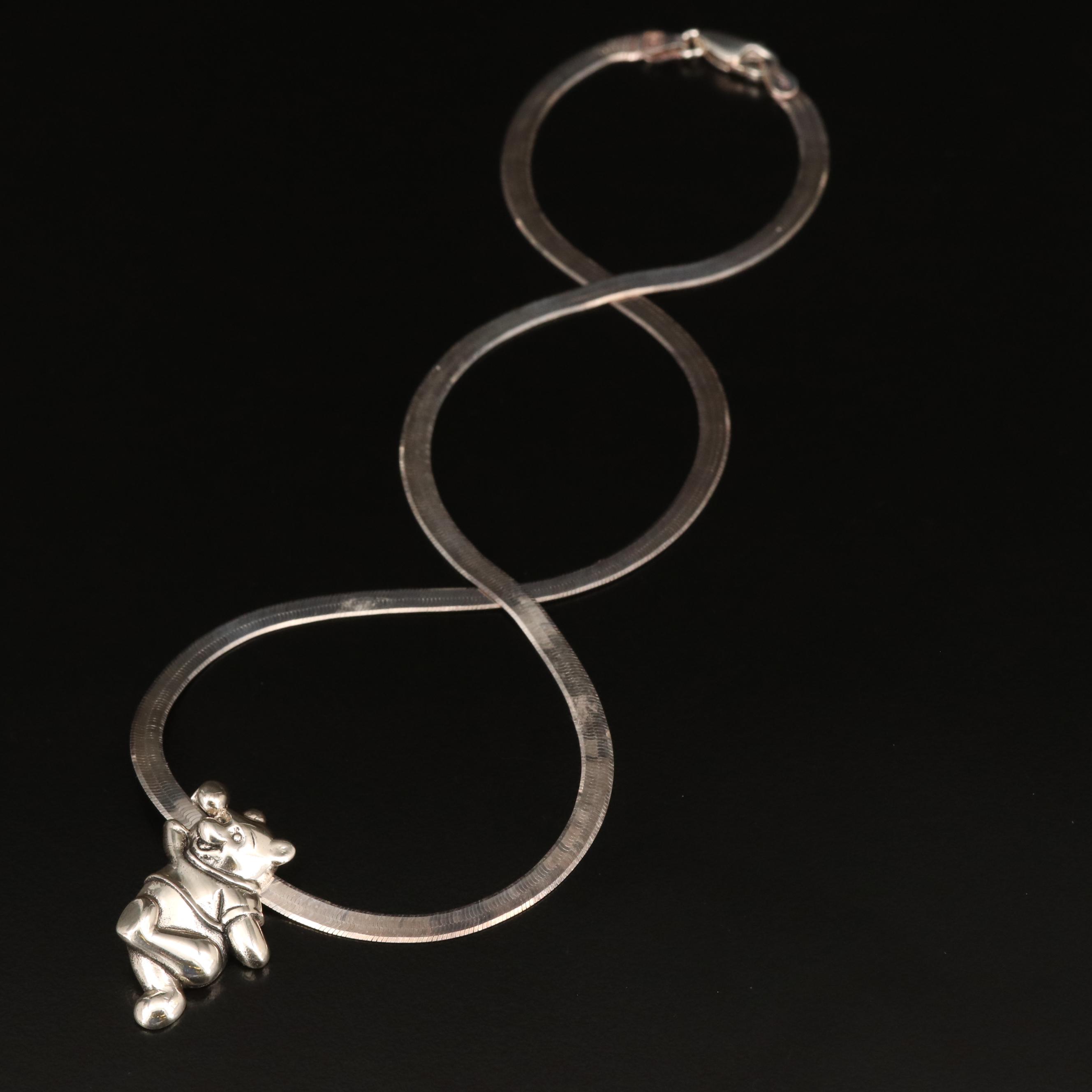 Disney Sterling Winnie the Pooh Slide Pendant on Herringbone Chain