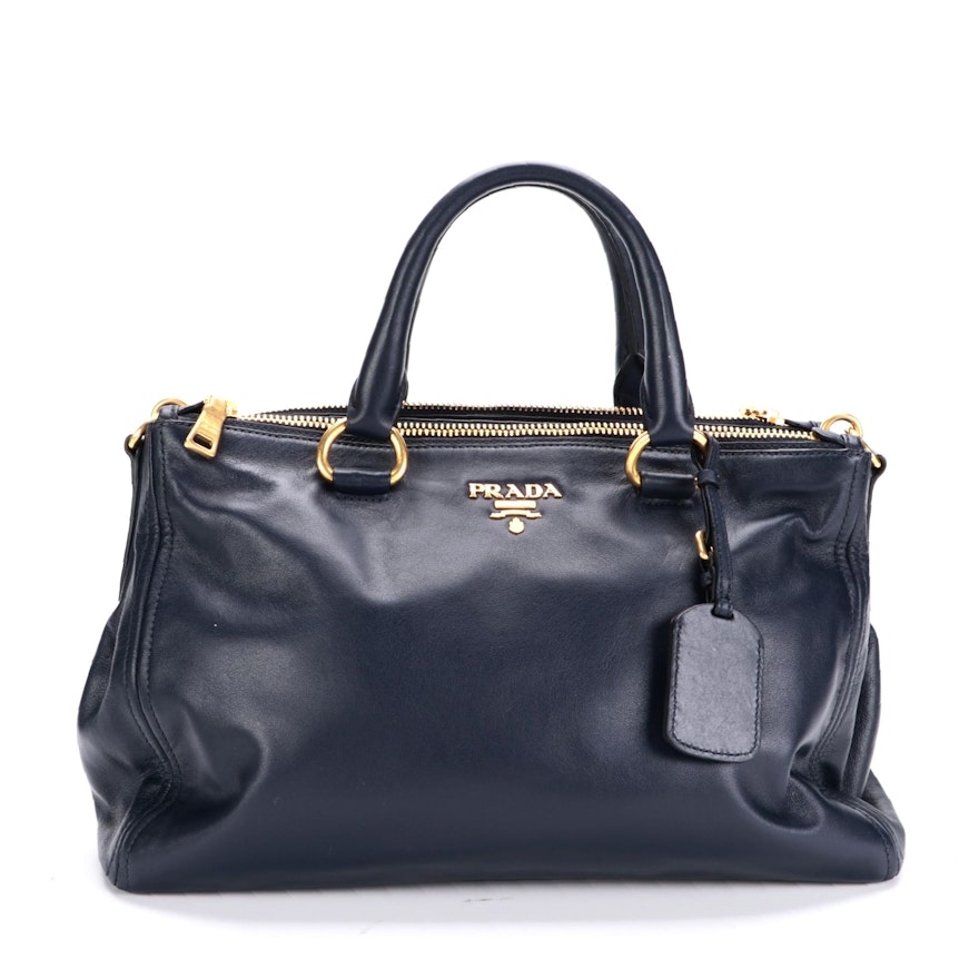 Prada Navy Leather Two-Way Handbag