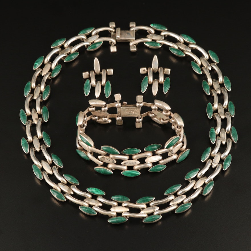 Mexican 950 Silver Faux Malachite Panther Chain Jewelry Set