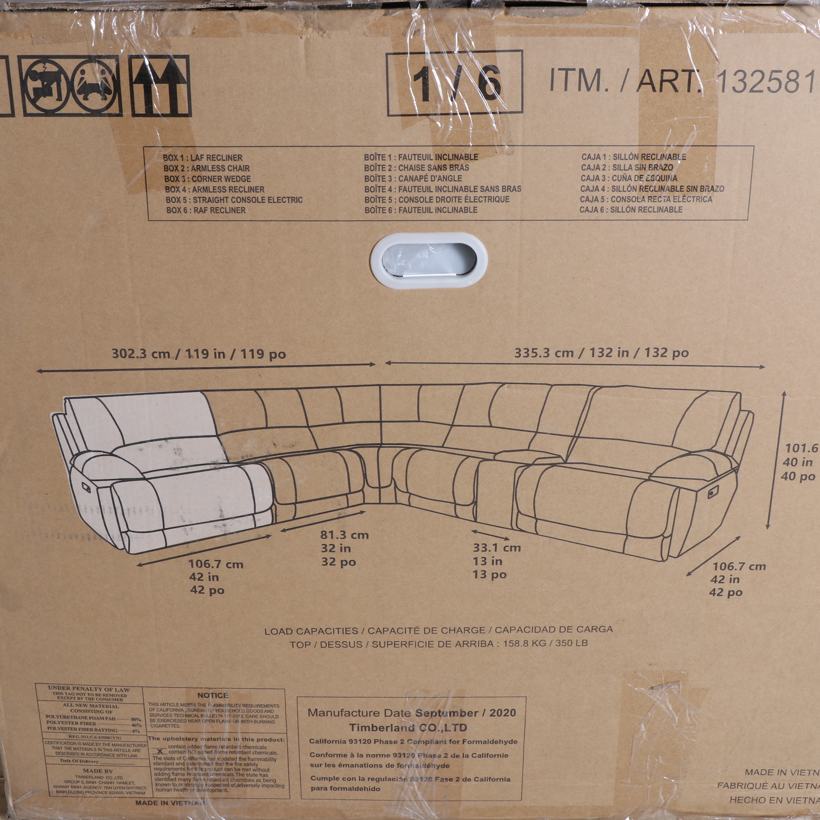 Cheers "Redding" Six-Piece Fabric Power Reclining Sectional with Power Headrest