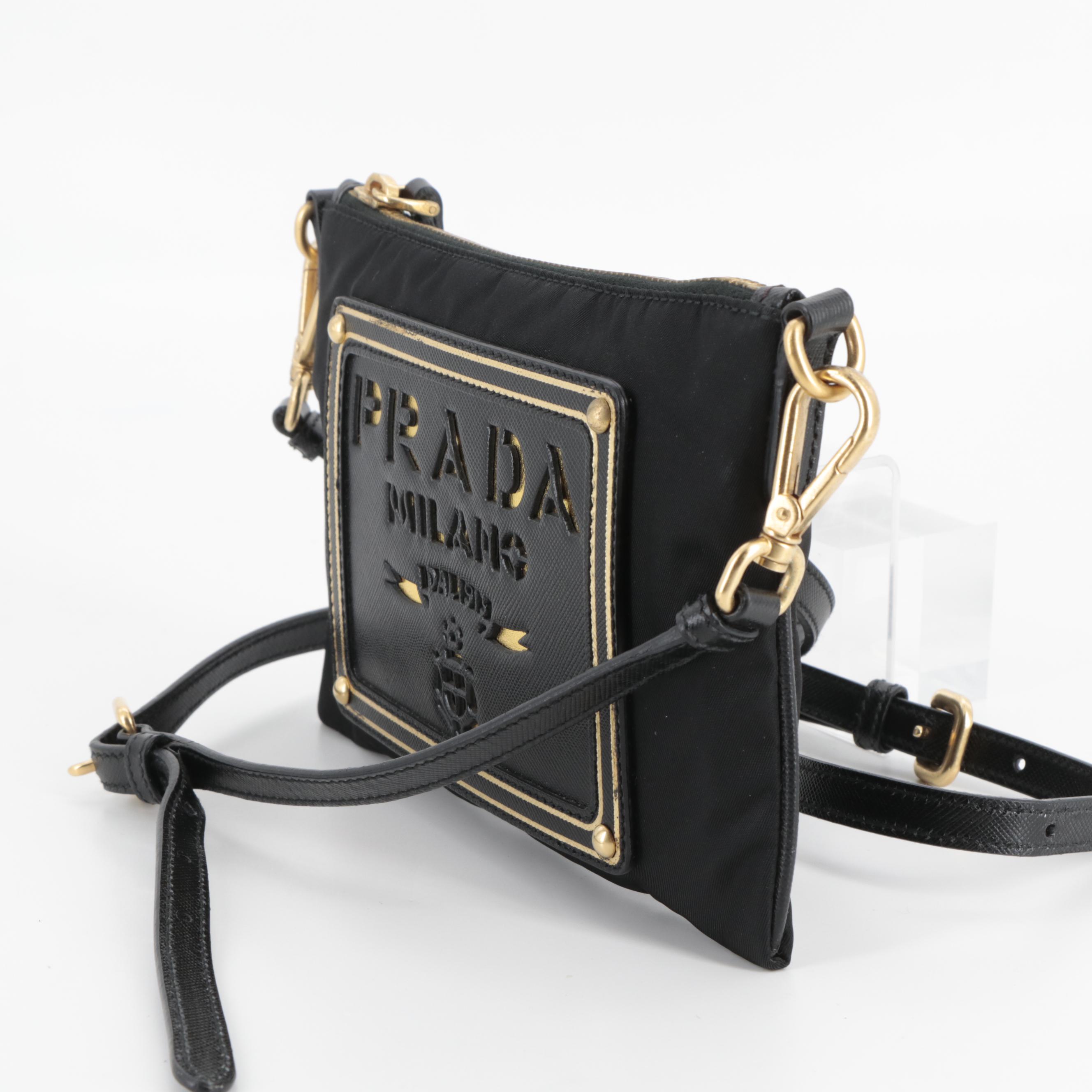 Prada Black and Gold Saffiano Leather and Nylon Pouch with Detachable Strap