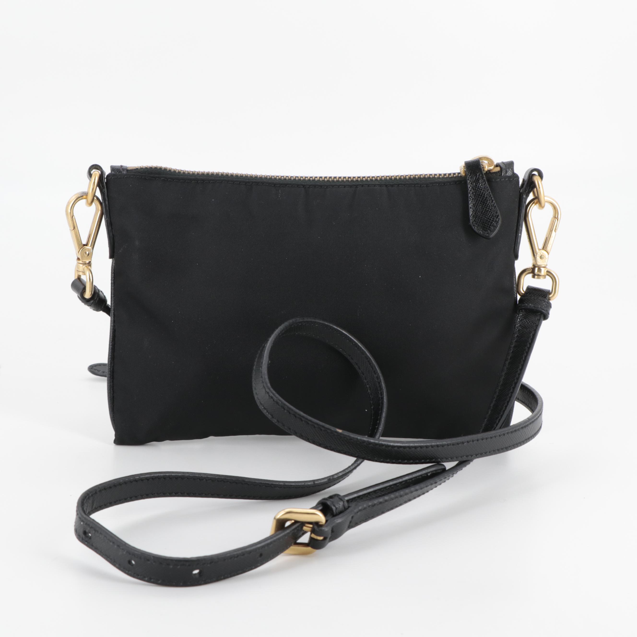 Prada Black and Gold Saffiano Leather and Nylon Pouch with Detachable Strap