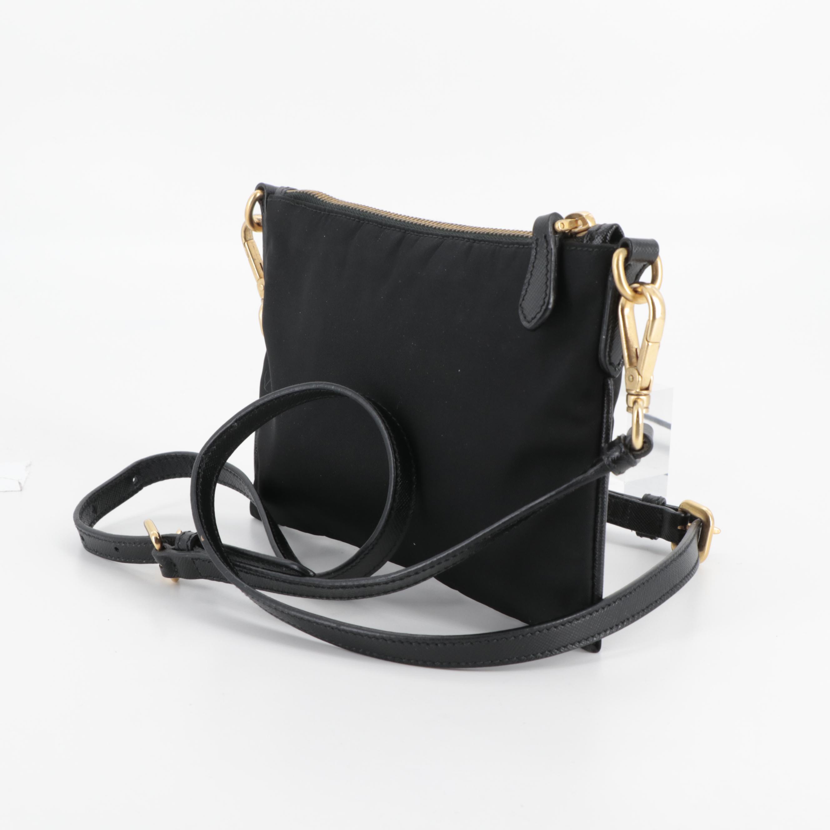 Prada Black and Gold Saffiano Leather and Nylon Pouch with Detachable Strap