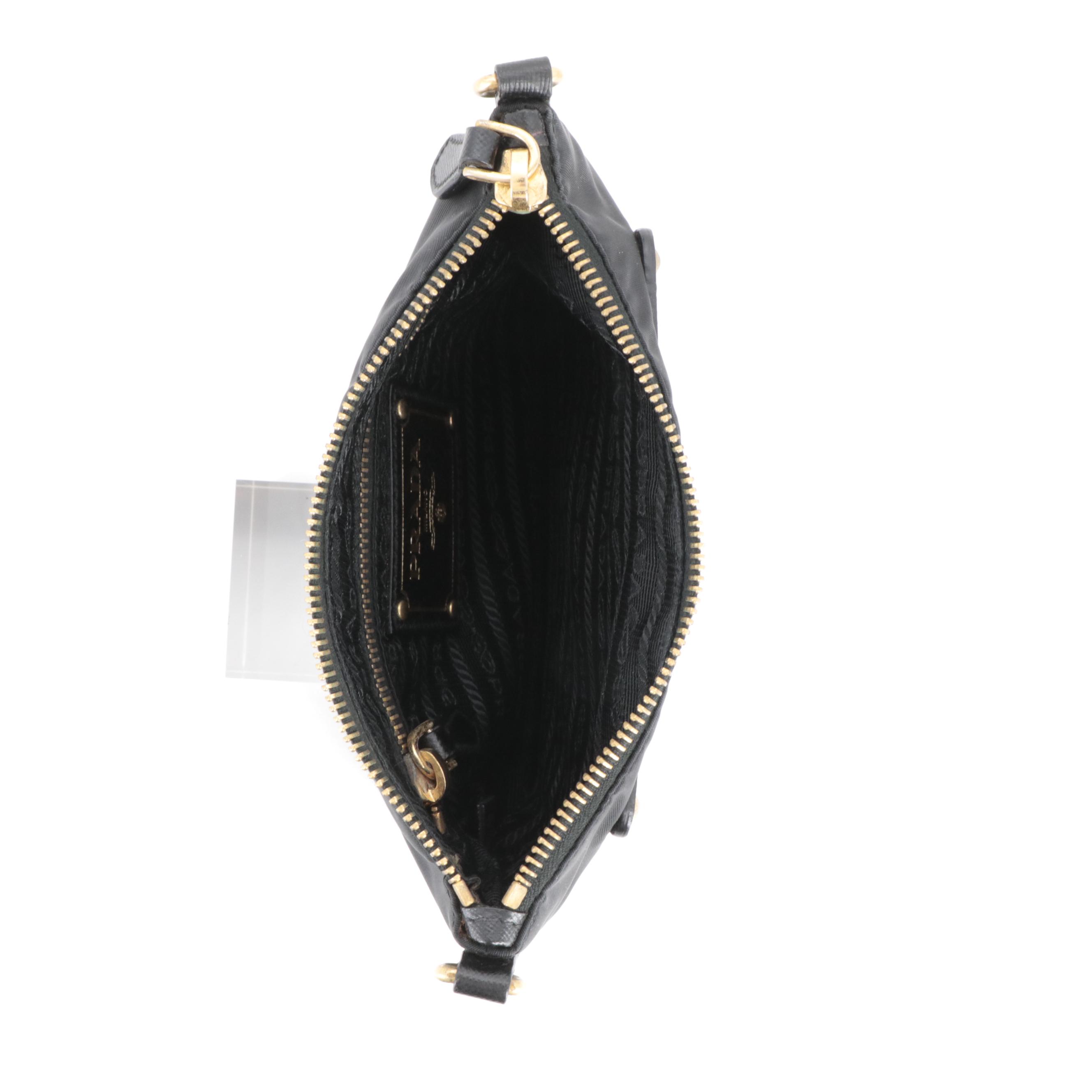 Prada Black and Gold Saffiano Leather and Nylon Pouch with Detachable Strap