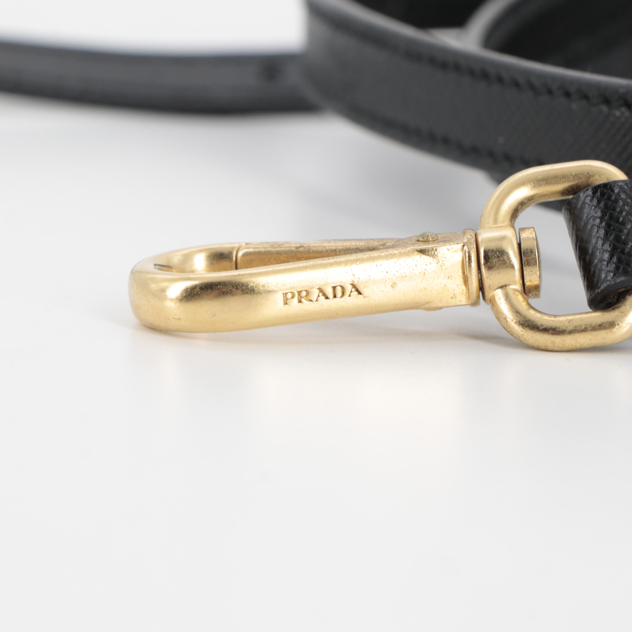 Prada Black and Gold Saffiano Leather and Nylon Pouch with Detachable Strap