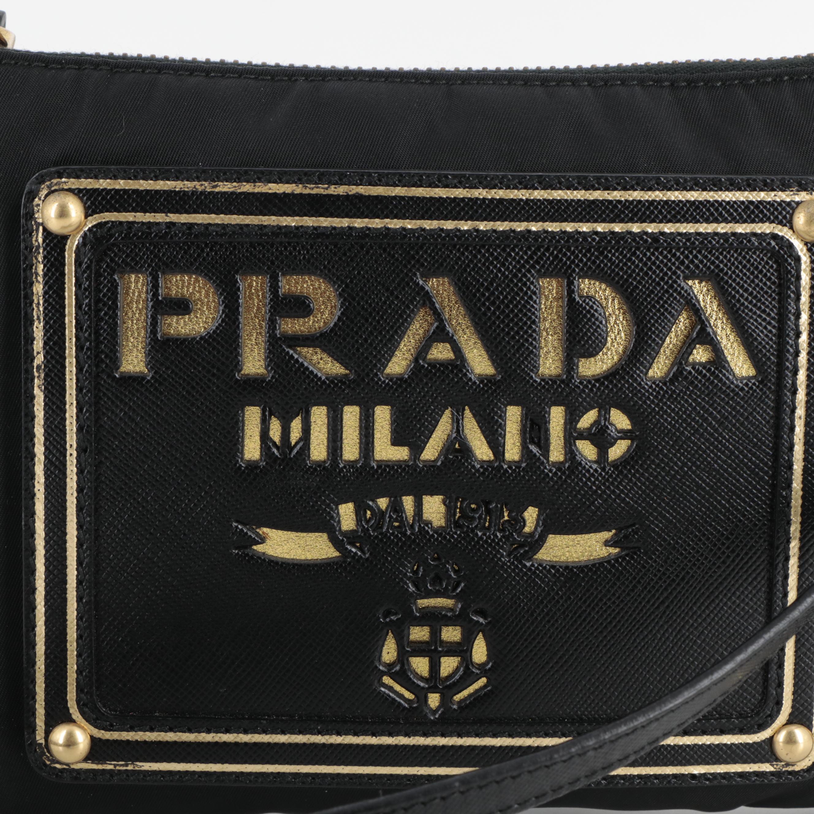 Prada Black and Gold Saffiano Leather and Nylon Pouch with Detachable Strap