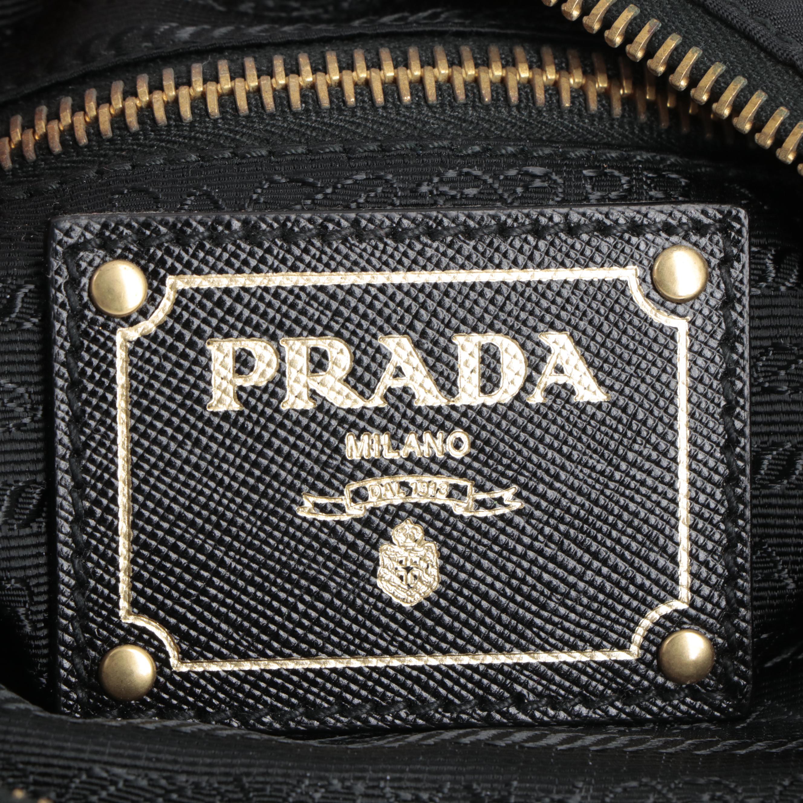 Prada Black and Gold Saffiano Leather and Nylon Pouch with Detachable Strap