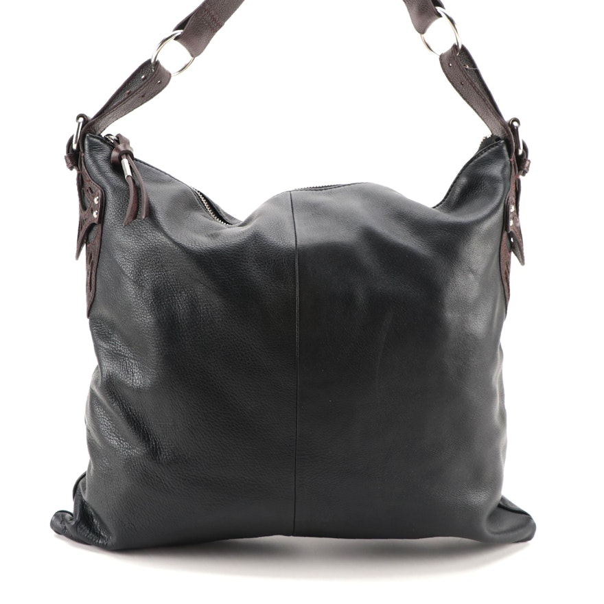 Foley + Corinna Black Leather Hobo Bag with Brown Leather Cutout Appliqués